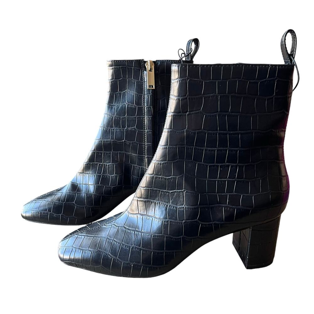 H & M Ankle Boots Booties Size 7 Black Croc Embossed Block Heel Dress Casual